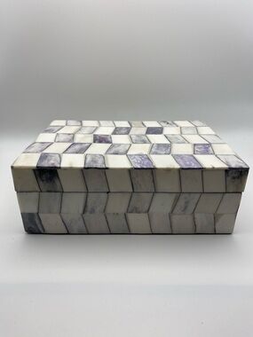 IMAX Corp Bone Inlay Decorative Box Purple Ivory Checkered Mosaic Keepsake Boho